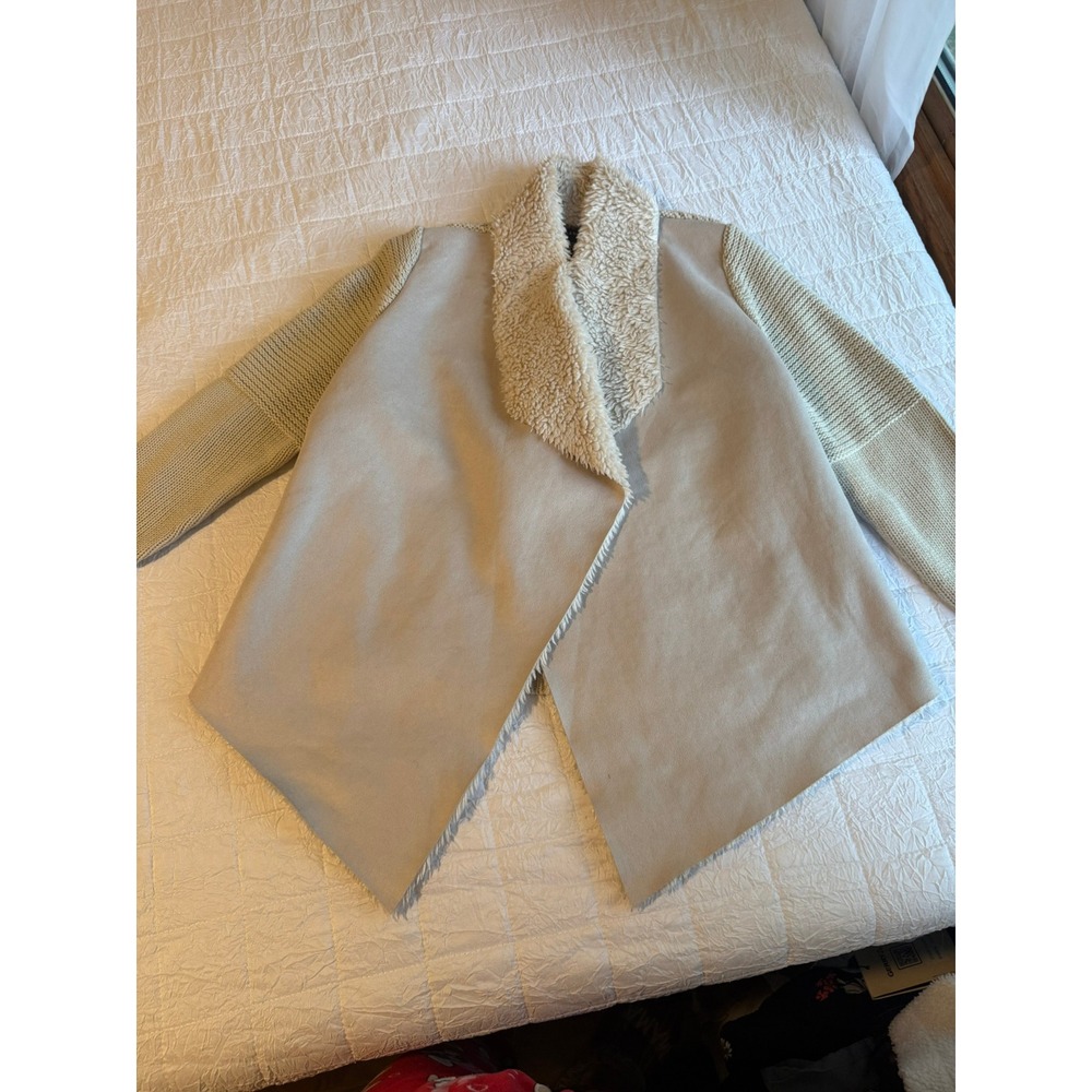 Chelsea & Theodore Faux Suede Shearling Knit Cardigan Jacket Tan Large